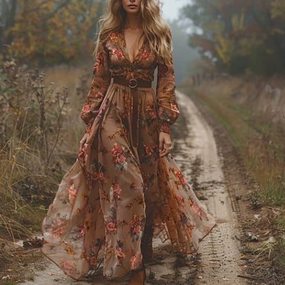 Tiered Chiffon Maxi Dress with Hand Embroidered Floral Details and Elastic Waistband