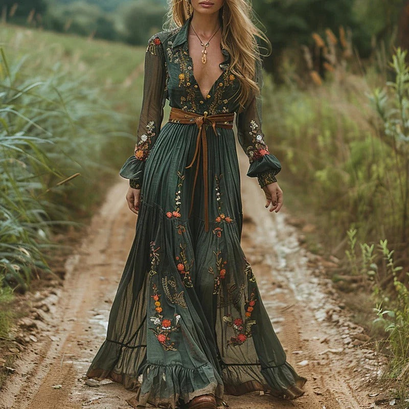 Tiered Chiffon Maxi Dress with Hand Embroidered Floral Details and Elastic Waistband