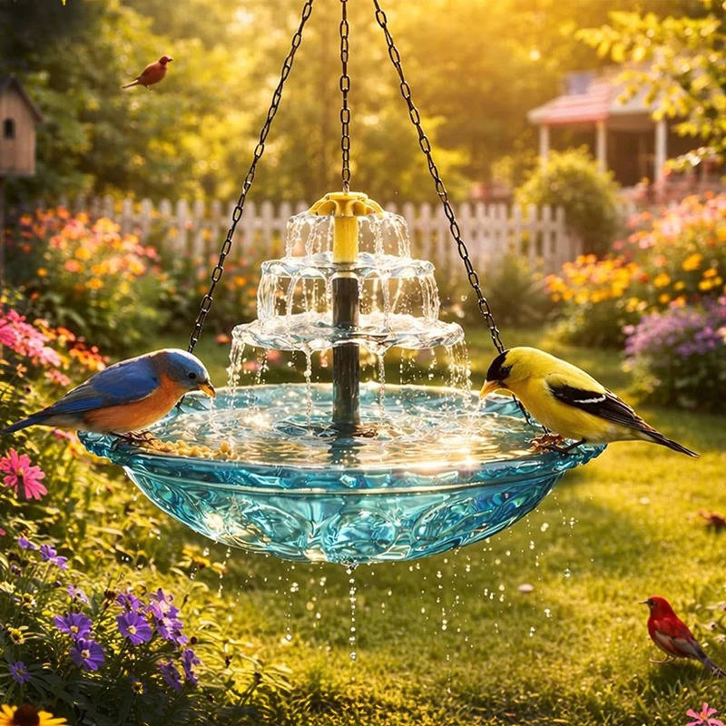 Solar Bird Bath Fountain with Two-Tier Cascade and Hanging Chains for Gardens