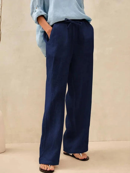 Women's Wide Leg Linen Pants with Elastic Drawstring and Side Pockets