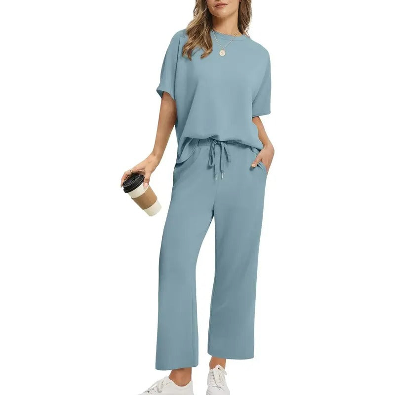 Women's Two Piece Lounge Set with Dropped Shoulder Top and Wide Leg Pants