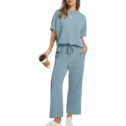 Women's Two Piece Lounge Set with Dropped Shoulder Top and Wide Leg Pants