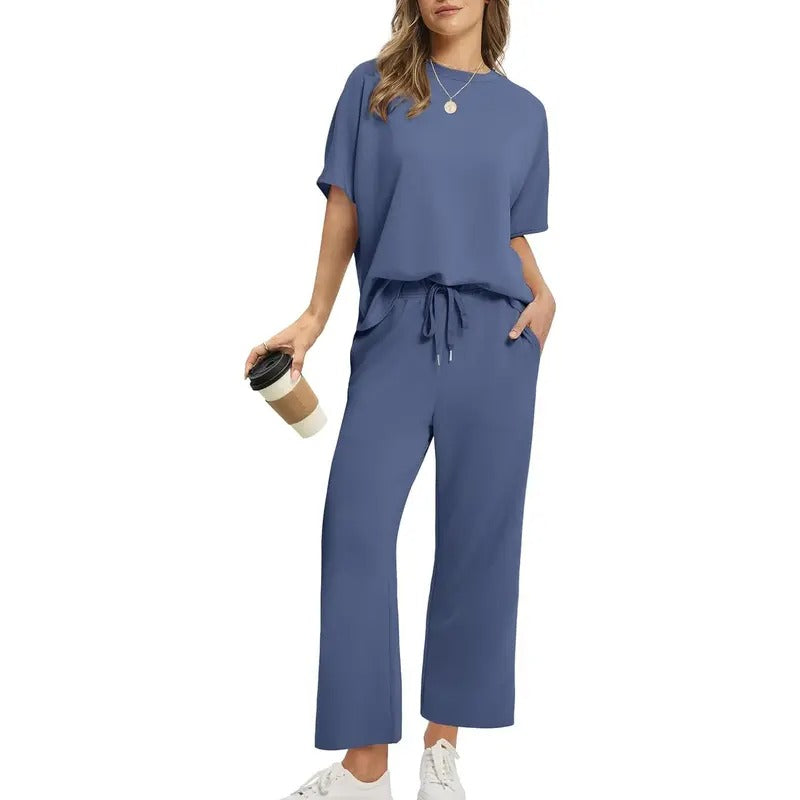 Women's Two Piece Lounge Set with Dropped Shoulder Top and Wide Leg Pants