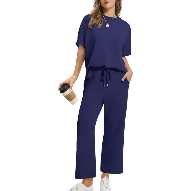 Women's Two Piece Lounge Set with Dropped Shoulder Top and Wide Leg Pants