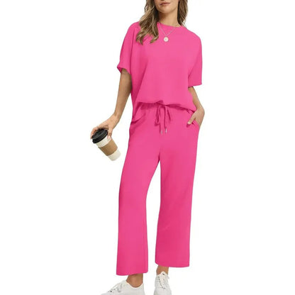Women's Two Piece Lounge Set with Dropped Shoulder Top and Wide Leg Pants