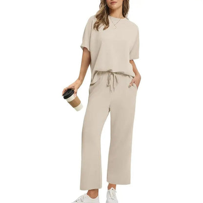 Women's Two Piece Lounge Set with Dropped Shoulder Top and Wide Leg Pants