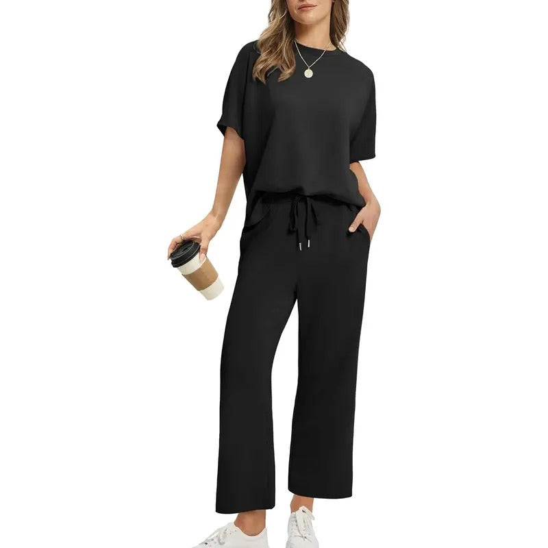 Women's Two Piece Lounge Set with Dropped Shoulder Top and Wide Leg Pants