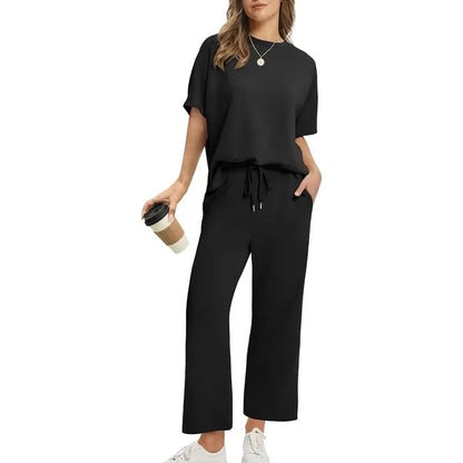 Women's Two Piece Lounge Set with Dropped Shoulder Top and Wide Leg Pants