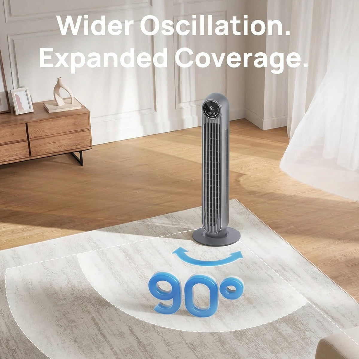 Quiet Tower Fan with 8 Speed Settings and 90 Degree Oscillation for Home and Office