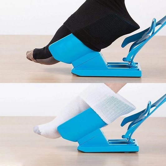 Sock Aid with Foldable Handle and Shoe Horn for Seated Dressing