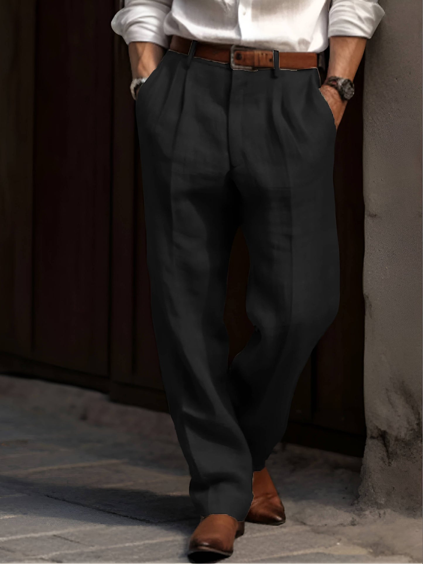 Men's Cotton Linen Blend Pants with Pleated Front and Elastic Waist