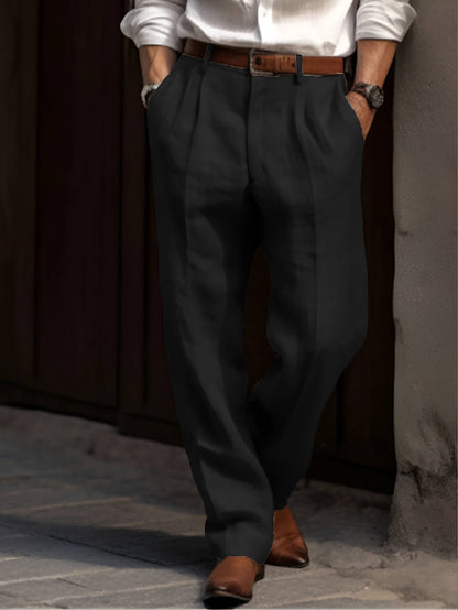 Men's Cotton Linen Blend Pants with Pleated Front and Elastic Waist