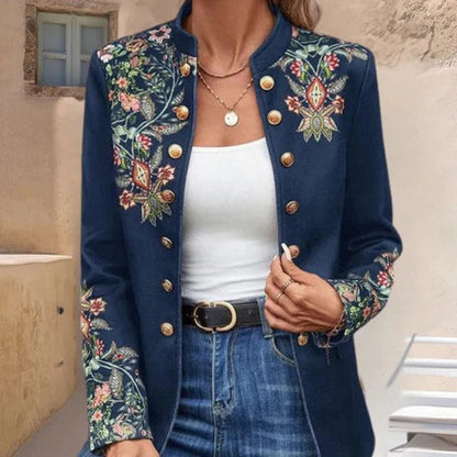 Slim Fit Floral Print Blazer Jacket with Collarless Open Front